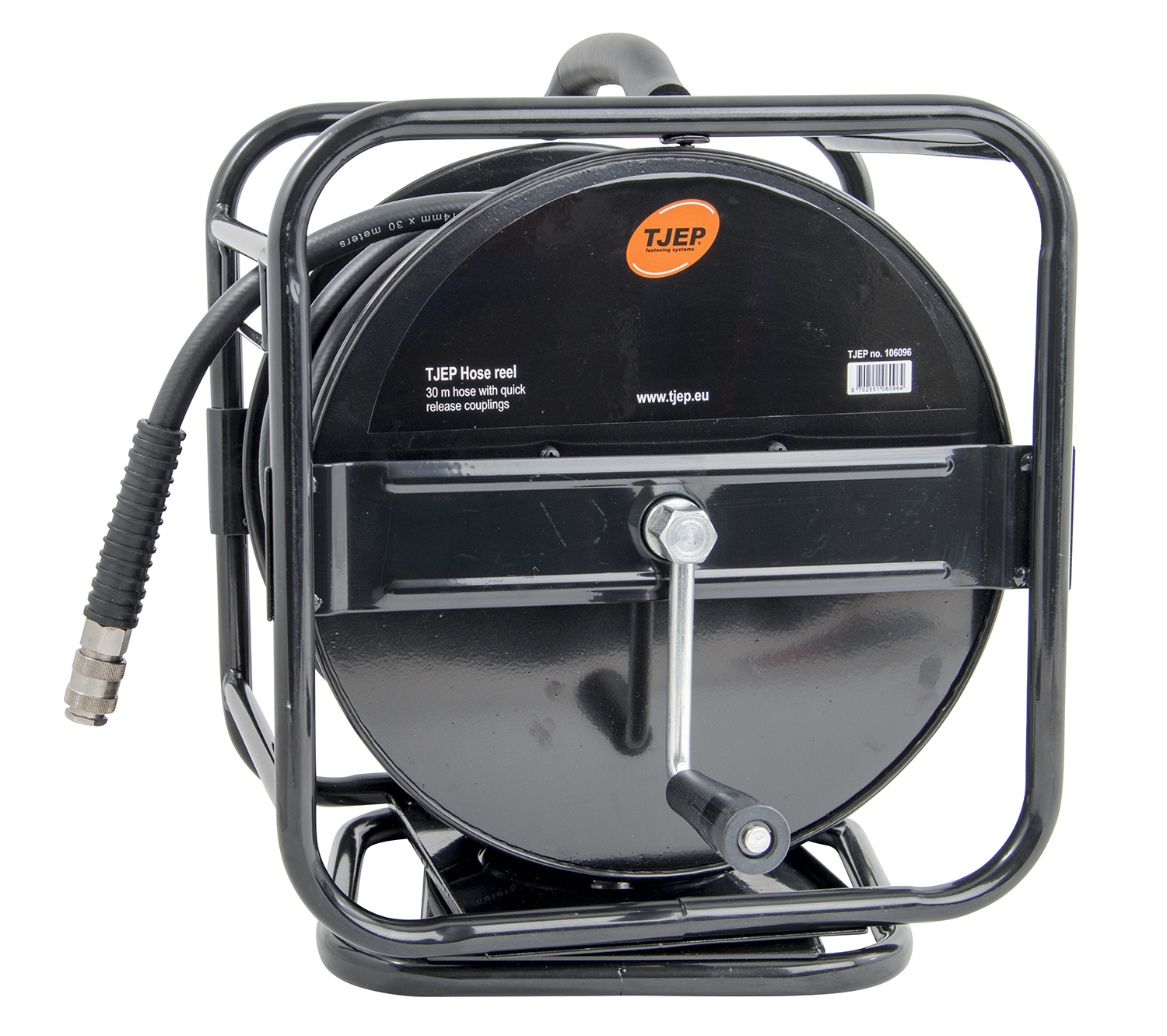 933486-1 Spring Return Hose Reel: 50 ft (3/8 in I.D.), 3/8 in Hose Barb x  1/4 in MNPT, Includes Hose, Black